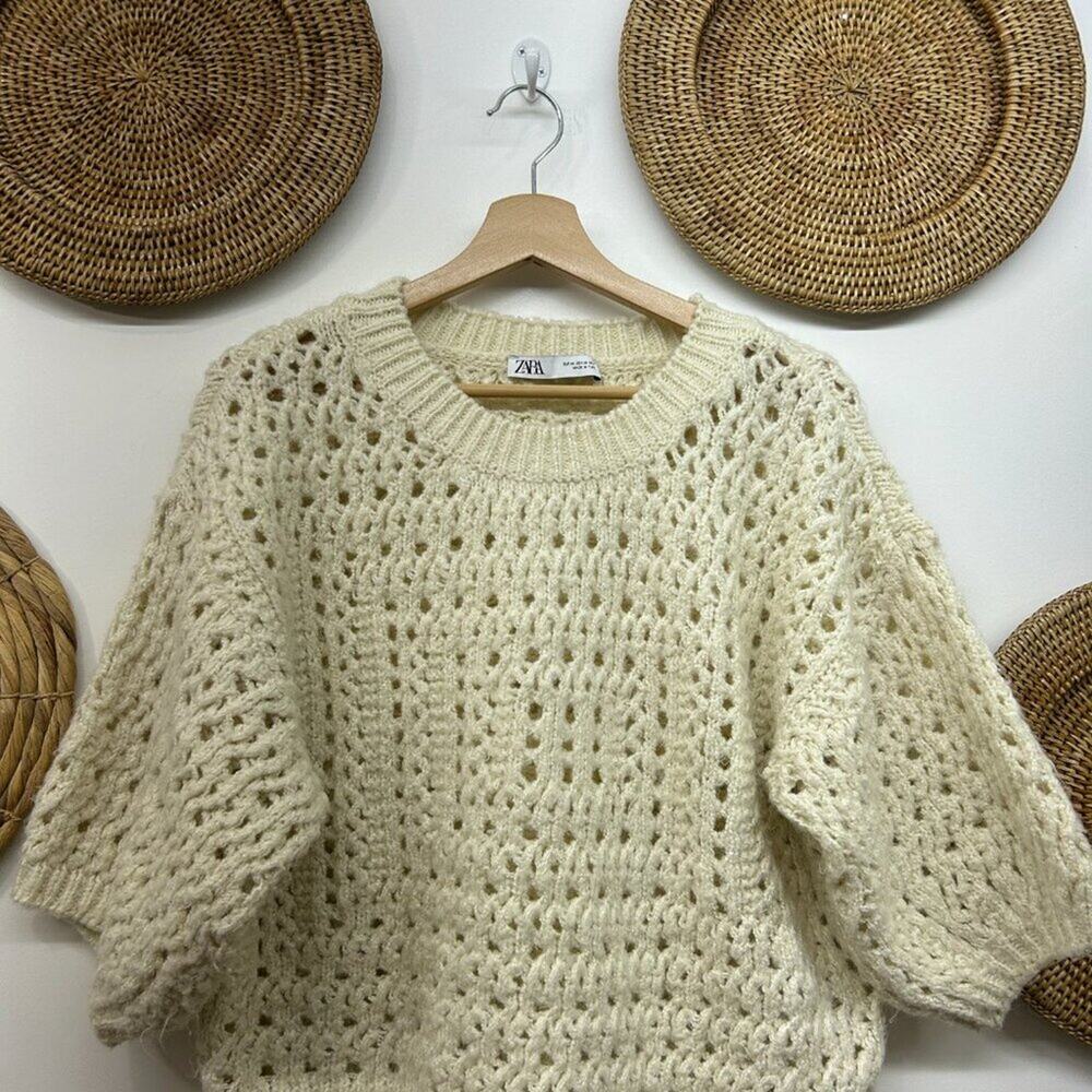 Zara Cream Neutral Boho Oversized Crochet Knit Half Sleeve Sweater Top Medium - Picture 4 of 7